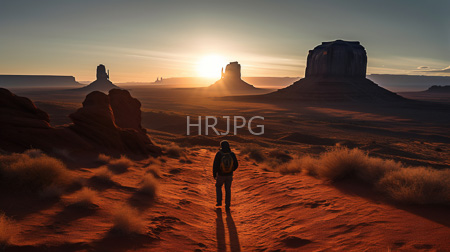 High Resolution: Individual standing in red desert sand at sunset silhouetted against three prominent buttes download. | HRJPG.com