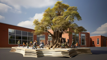 High Resolution: Outdoor scene featuring people walking around a large textured tree on top of stacked books download. | HRJPG.com