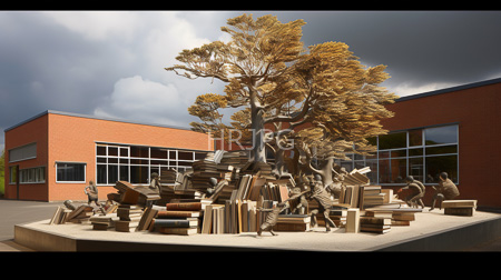 High Resolution: Intricate bronze sculpture depicting people interacting with books and trees set outdoors download. | HRJPG.com