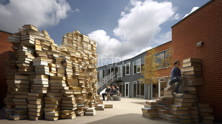 High Resolution: Outdoor courtyard with two brick buildings featuring stacks of books forming tall structures download. | HRJPG.com