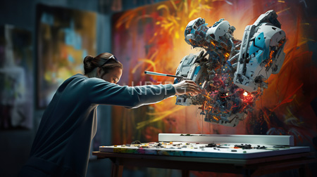 High Resolution: Artist with brown hair painting intricate robotic sculpture on canvas using brush download. | HRJPG.com