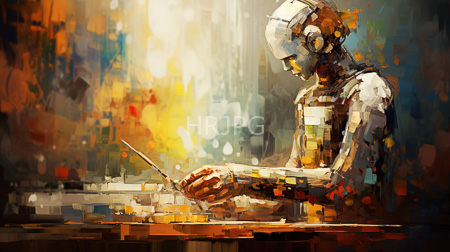 High Resolution: Abstract pixelated humanoid figure with white and metallic textures working at a table download. | HRJPG.com