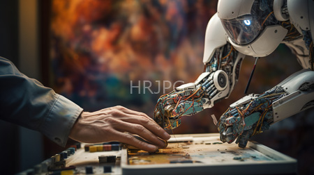 High Resolution: Human hand interacting with robotic arm over an electronic circuit board download. | HRJPG.com