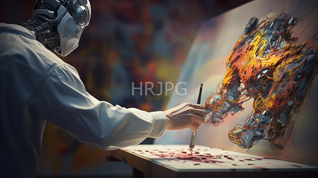 High Resolution: Artist with metallic robotic headgear painting abstract artwork on canvas using black marker download. | HRJPG.com