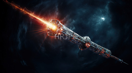 High Resolution: Elongated cylindrical spacecraft with intricate metallic textures and glowing orange-red energy beams emanating from its front end download. | HRJPG.com