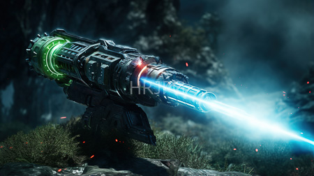 High Resolution: Advanced glowing green and blue laser gun firing in a rocky forest landscape download. | HRJPG.com
