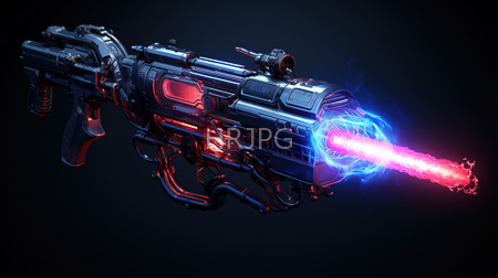 High Resolution: Advanced sci-fi laser gun against a dark background featuring metallic textures with red and blue glowing accents download. | HRJPG.com