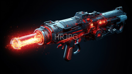 High Resolution: Advanced futuristic gun emitting bright orange flames from its barrel against a dark background download. | HRJPG.com