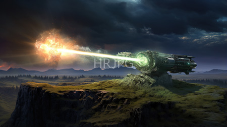 High Resolution: Ancient green-lit laser cannon mounted on rocky terrain emitting bright orange energy beams into dark stormy sky download. | HRJPG.com