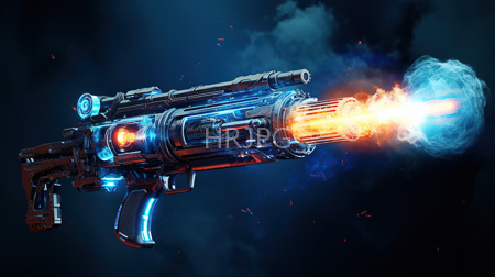 High Resolution: Advanced futuristic gun firing bright orange and blue flames against dark background download. | HRJPG.com