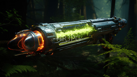 High Resolution: Advanced futuristic rifle floating in dense forest foliage at night featuring metallic textures with glowing orange and green elements download. | HRJPG.com