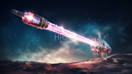 High Resolution: Enormous cylindrical spacecraft with metallic textures and glowing red lights firing a bright pink plasma beam into space download. | HRJPG.com