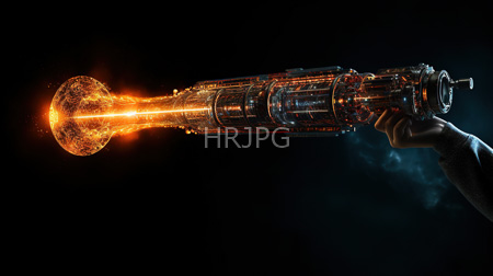 High Resolution: Intricately detailed glowing orange and red laser cannon being fired by a human hand against a black background download. | HRJPG.com