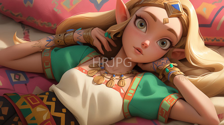 High Resolution: Princess Zelda lying on colorful patterned cushions with large green eyes and blonde hair download. | HRJPG.com