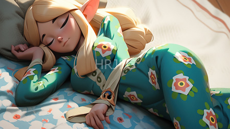 High Resolution: Elf girl with long blonde hair sleeping on her side in teal floral pajamas download. | HRJPG.com