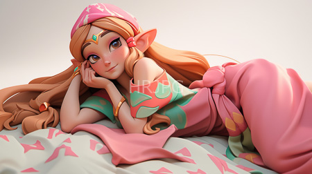 High Resolution: Anime-style fair-skinned elf woman with long orange hair lying on her side in bed download. | HRJPG.com