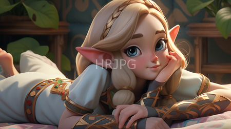 High Resolution: Elf girl with large blue eyes lying on her stomach against patterned pillows download. | HRJPG.com
