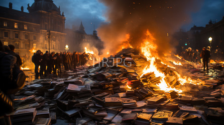 High Resolution: Evening protest scene in front of historic buildings featuring large bonfires consuming piles of books download. | HRJPG.com