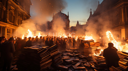 High Resolution: Intense fiery street protest at dusk with crowds surrounding towering bonfires consuming stacks of books and papers download. | HRJPG.com