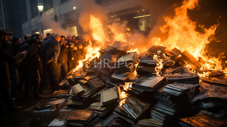 High Resolution: Urban protest scene at night featuring a large pile of burning books engulfed in bright orange flames download. | HRJPG.com