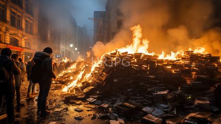 High Resolution: Urban night scene with intense orange flames engulfing large piles of burning books on wet cobblestone street download. | HRJPG.com