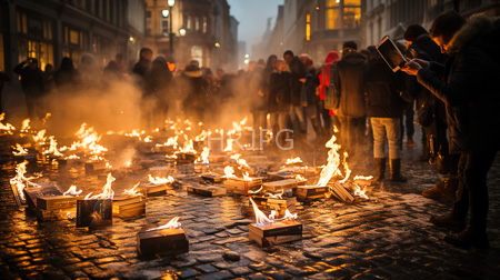 High Resolution: Evening street scene with numerous small fires burning on cobblestone pavement surrounded by people holding books download. | HRJPG.com