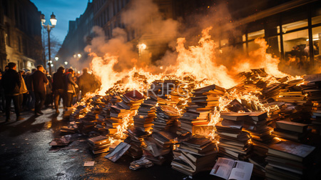 High Resolution: Urban street at dusk featuring stacks of burning books engulfed in bright orange flames and thick smoke download. | HRJPG.com