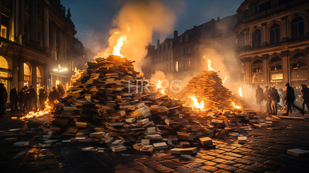 High Resolution: Evening street scene featuring two large towering piles of burning books in the center download. | HRJPG.com