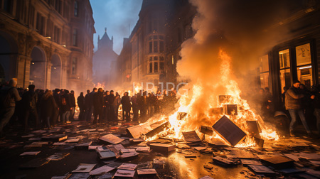 High Resolution: Evening street protest with intense orange flames engulfing wooden pallets and scattered papers on wet pavement download. | HRJPG.com