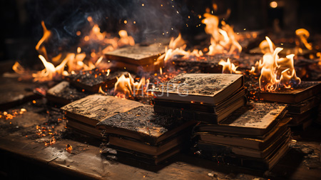 High Resolution: Several old charred books stacked on an aged wooden table with intense flames and smoke surrounding them download. | HRJPG.com