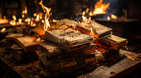 High Resolution: Old wooden table piled with charred and burning books with flames licking at their pages download. | HRJPG.com
