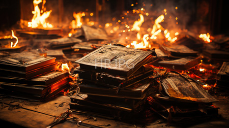High Resolution: Numerous charred old books stacked and scattered on wooden floor amidst bright orange flames in background download. | HRJPG.com
