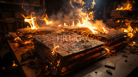 High Resolution: Two charred fire-engulfed books stacked on an old wooden table in dim lighting download. | HRJPG.com