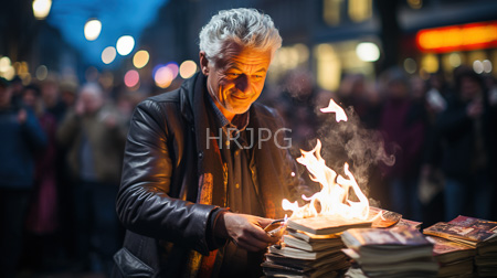 High Resolution: Elderly man with curly white hair lighting books on fire in front of him at night market download. | HRJPG.com