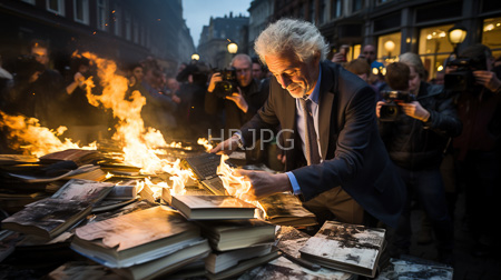High Resolution: Elderly white man with curly gray hair and beard igniting books on table amidst crowd at dusk download. | HRJPG.com