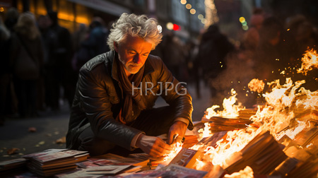 High Resolution: Elderly white man with curly gray hair and beard crouches by large bonfire burning stacks of newspapers download. | HRJPG.com