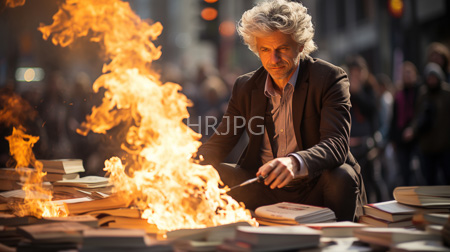 High Resolution: Older man with curly gray hair kneeling amidst burning books in sunlight on a city street at night download. | HRJPG.com