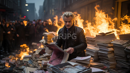 High Resolution: Intense scene featuring male character with blonde hair amidst towering stacks of burning books download. | HRJPG.com