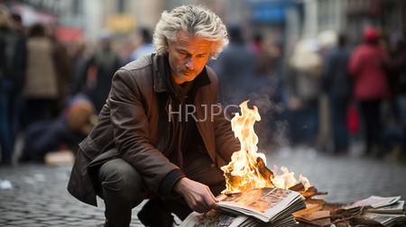 High Resolution: Older Caucasian man with wavy gray hair crouching by a street fire on cobblestones download. | HRJPG.com