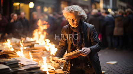 High Resolution: Older man with curly gray hair and beard reading from books in front of him as they burn download. | HRJPG.com
