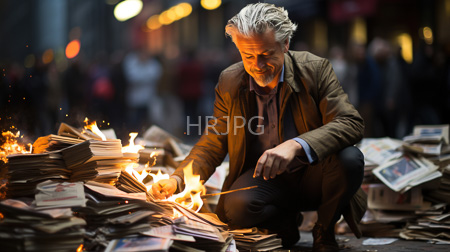 High Resolution: Older white man with gray hair and beard crouching by burning piles of books on street at night download. | HRJPG.com