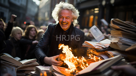 High Resolution: Older man with wild white hair joyfully smiling while holding hands over burning books in his lap download. | HRJPG.com