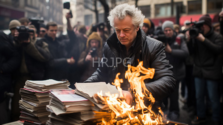 High Resolution: Older white man with curly gray hair burning stacks of books while surrounded by photographers download. | HRJPG.com