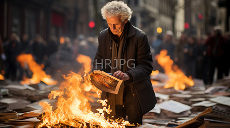 High Resolution: Elderly white man with curly gray hair standing amidst burning books on city street at night download. | HRJPG.com