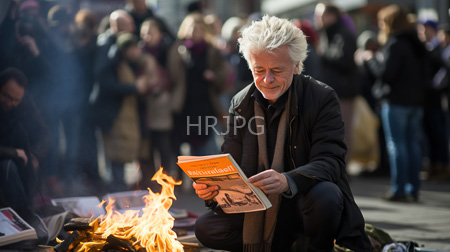 High Resolution: Elderly white man with spiky silver hair sits by a small fire reading "The History Book" outdoors download. | HRJPG.com