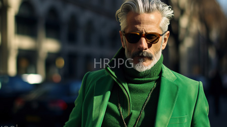 High Resolution: Older white man with silver hair and beard wearing dark brown sunglasses green turtleneck sweater under bright lime-green blazer download. | HRJPG.com