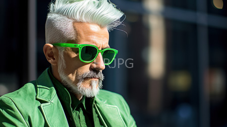 High Resolution: Older white man with silver hair and beard wearing bright green sunglasses and matching leather jacket download. | HRJPG.com