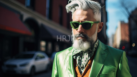 High Resolution: Older white man with silver hair and beard wearing green sunglasses bright neon-green leather jacket download. | HRJPG.com