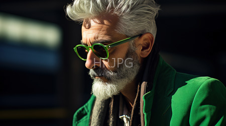 High Resolution: Older man with white hair and beard wearing green heart-shaped sunglasses and matching bright-green jacket download. | HRJPG.com