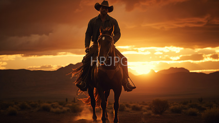 High Resolution: American cowboy in dark clothing riding a horse at sunset on open desert land download. | HRJPG.com